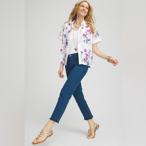 Chico's Girlfriend Frayed Cropped Seaport Blue Jeans - Picture 3 of 13